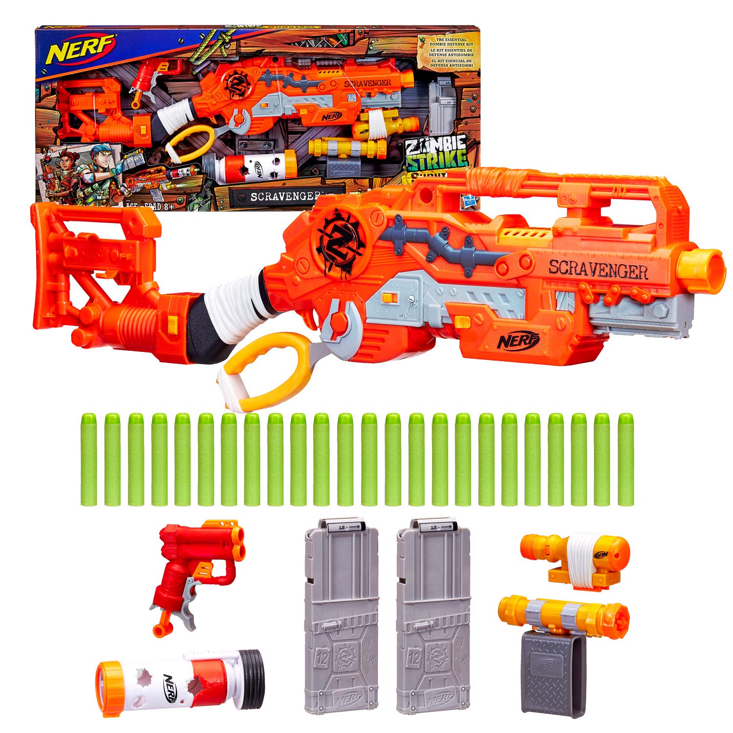 SCRAVENGER Nerf Zombie Strike Toy Blaster with two 12-dart Clips