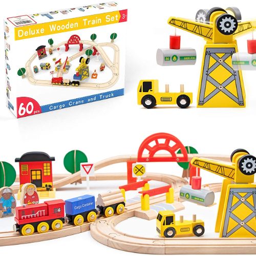 Crane Train Set- Wooden Tracks & Exclusive Crane & Trains-60 Piece